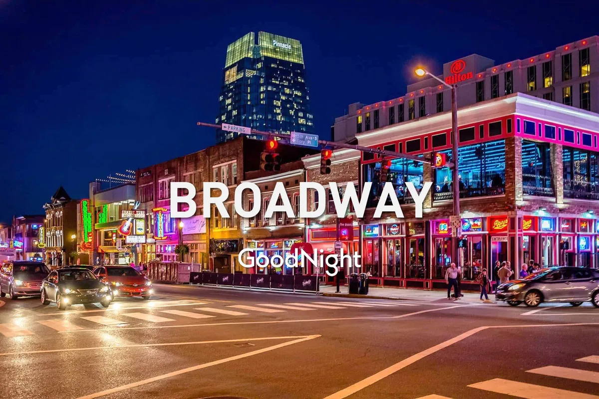This exterior street scene showcases vibrant neon lights, groups of people walking, and a lively urban atmosphere. The energy of nightlife is palpable, with visible bars and music venues inviting guests to join the fun.